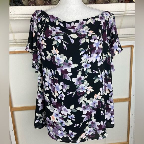 WHBM BNWT elegant purple floral print lined blouse w/ flutter sleeves - Picture 1 of 11